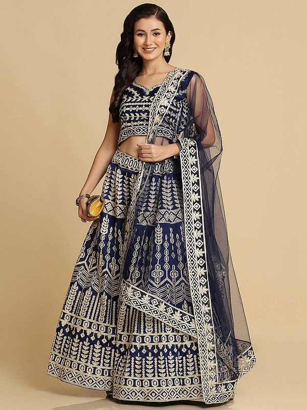 Blue Taffeta Silk Designer Lehenga Choli With All-Over Thread Embroidery And Net Dupatta