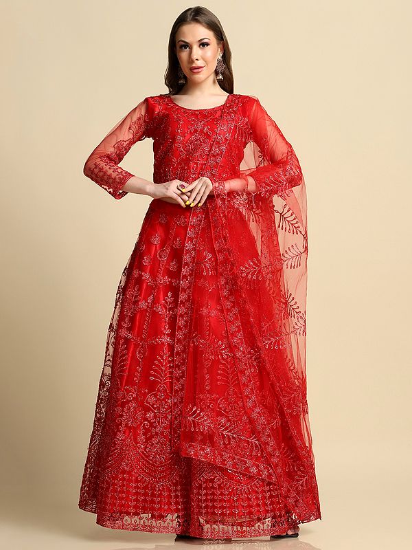 True-Red Net Lehenga Choli With All-Over Thread Work Floral Motif And Net Dupatta