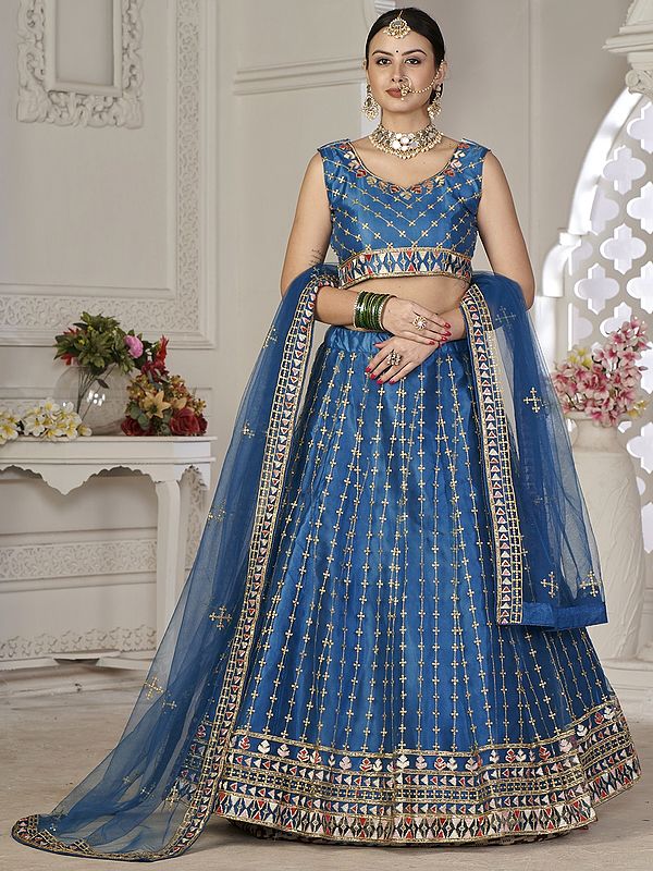 Diva-Blue Laddi Pattern Net Lehenga Choli with Thread Embroidery and Matching Dupatta