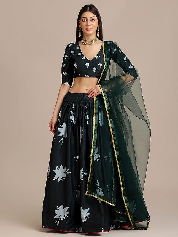 Darkest-Spruce Crepe Lehenga Choli with Floral Printed with Lace Work Net Dupatta