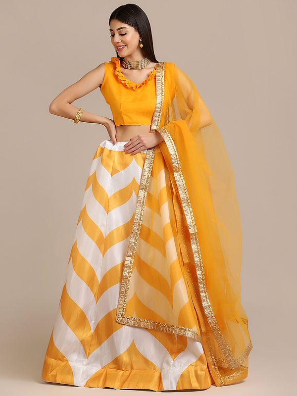 Yellow Banglory Silk Bold Chevron Pattern Print Lehenga Choli With Net Lace Work Dupatta