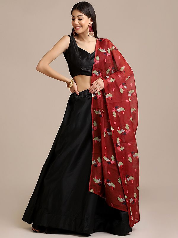 Black Banglory Silk A-Line Plain Lehenga Choli with Lace Work Chanderi Cotton Printed Dupatta