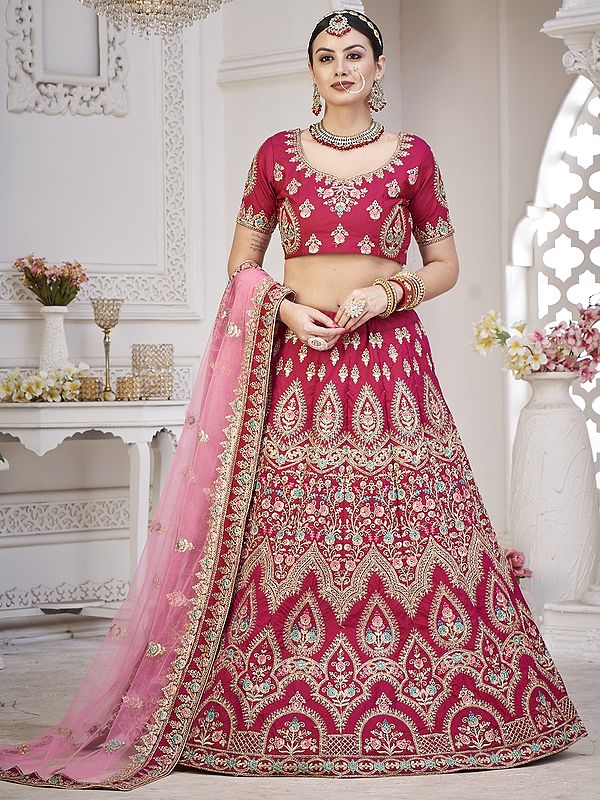 Rouge-Red Taffeta Silk All-Over Mughal Motif Meena Work Lehenga Choli with Thread Embroidery and Net Dupatta