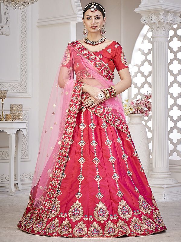 Rouge-Red Taffeta Silk Laddi-Mughal Motif Lehenga Choli With Thread Embroidery And Net Dupatta