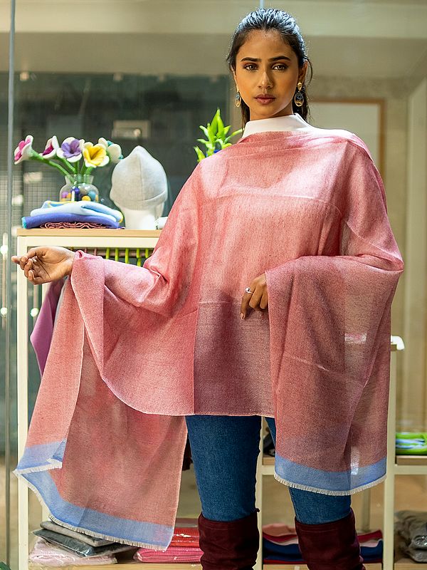 Pink Pure Pashmina Cashmere Stole with Blue Border from Nepal