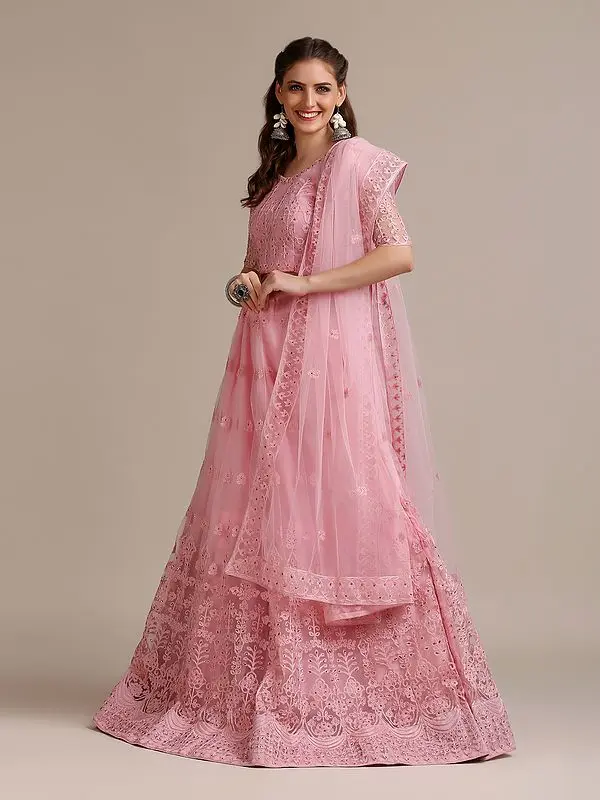 Light-Pink Soft Net Thread Embroidered Lehenga Choli with Sheer Dupatta
