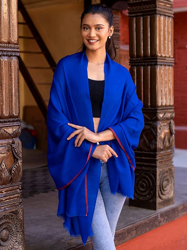 Dazzling-Blue Pure Pashmina Cashmere Plain Shawl from Nepal with Red Border Lining