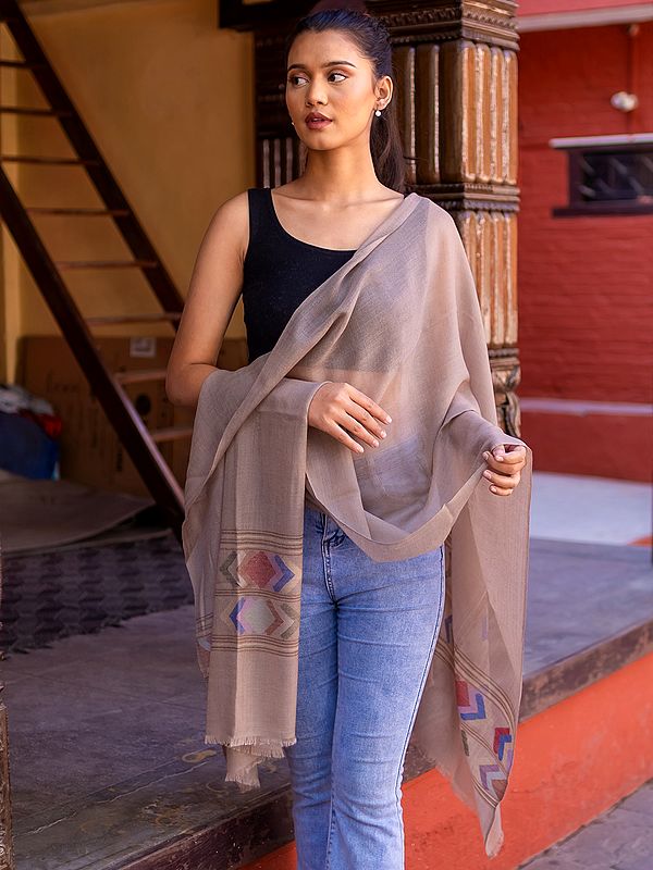 Light-Taupe Dhaka Style Print Pure Pashmina Cashmere Stole from Nepal