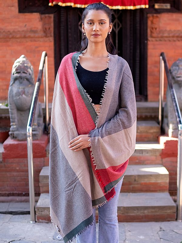 Tri-Colored Cashmere Pure Pashmina Stole from Nepal with Fringe Border