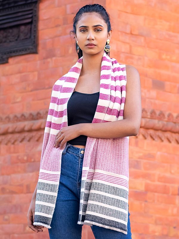 Horizontal Stripe Pattern Pure Pashmina Cashmere Stole with Twill Weave from Nepal