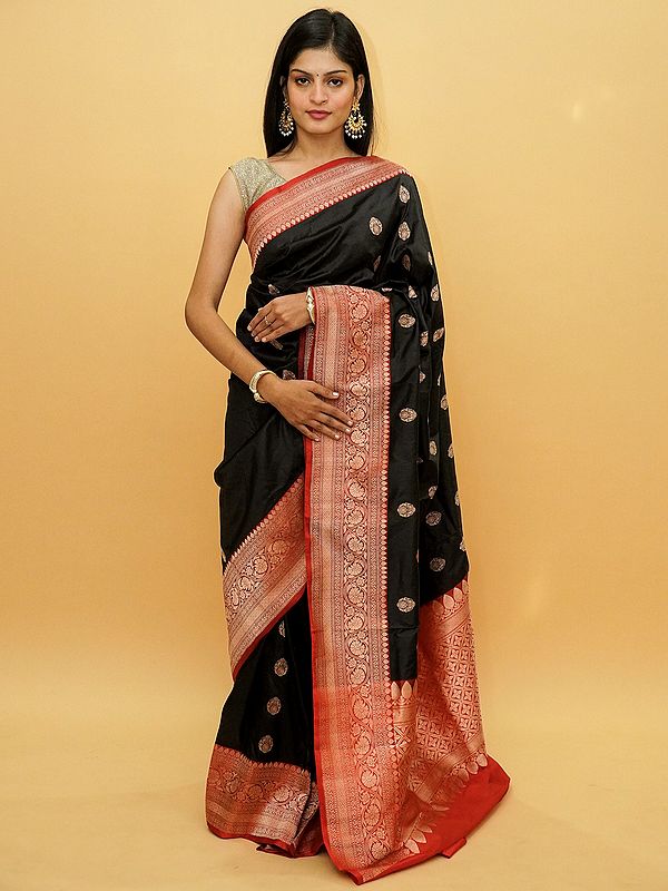 Black-Beauty Pure Katan Silk Banarasi Saree Saree With Zari Wowen Floral And Vine Pattern Border