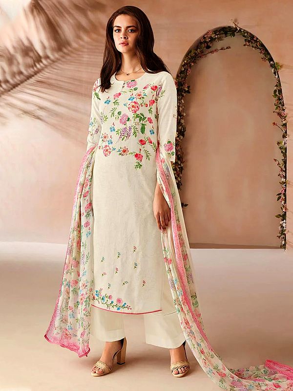 Off White Pure Cotton Palazzo Salwar With Floral Digital Print-Embroidered Kameez Suit And Embellished Dupatta