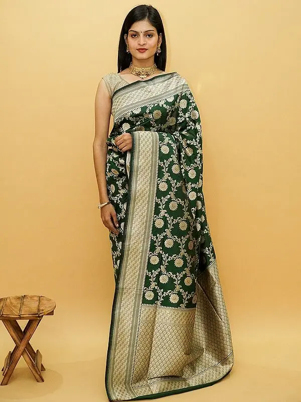 Pure Katan Silk Banarasi Saree With Jaal Pattern With Diamond Pattern Border