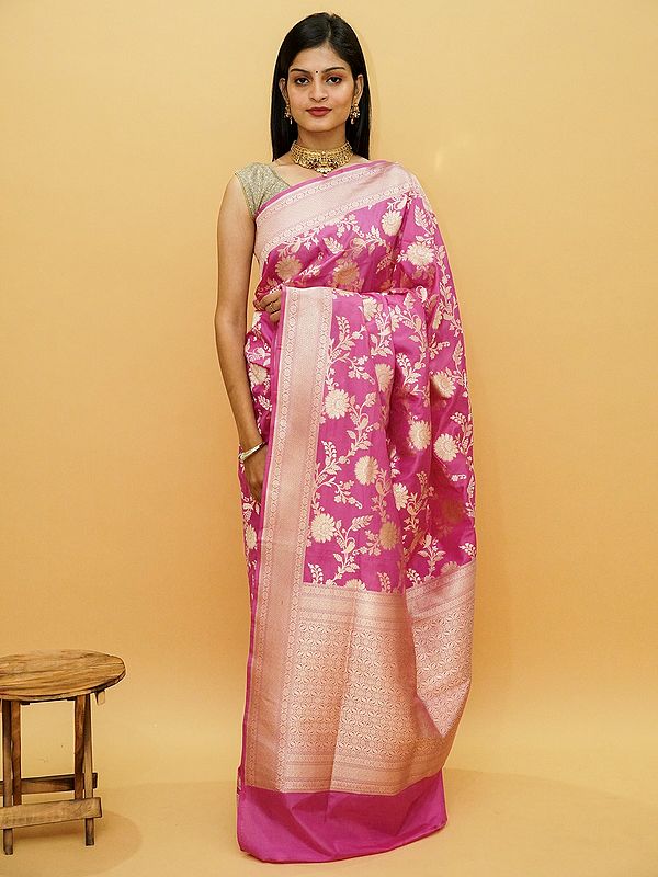 Pure Katan Silk Banarasi Saree With Damask Floral Vine Pattern And Contrast Broad Border