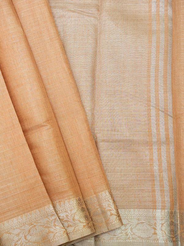 Banarasi Tussar Silk Thread Stripe Pattern Saree With Floral Vine Motif Border