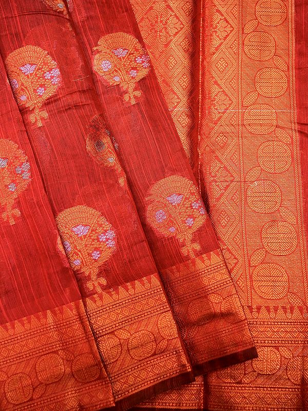 Banarasi Alfi Cotton Saree With Floral Butta And Diamond Pattern Pallu