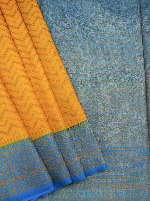 Tanchoi Silk Chevron Pattern Banarasi Saree With Antique Resham Work