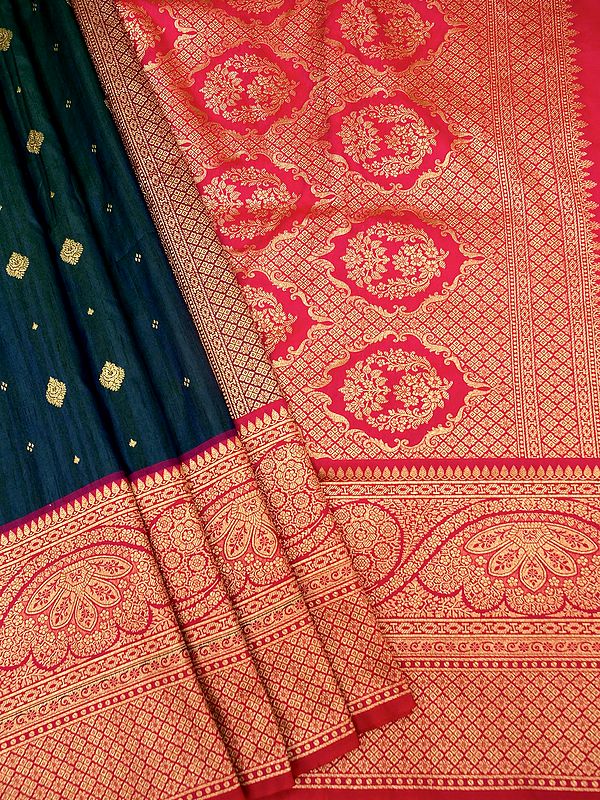 Blue Premium Matka Silk Roman Butti Pattern Saree And Mughal Motif Pallu