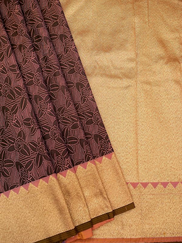 Brown Tanchui Katan Silk Floral Butta Motif Premium Banarasi Saree With Contrast Broad Border