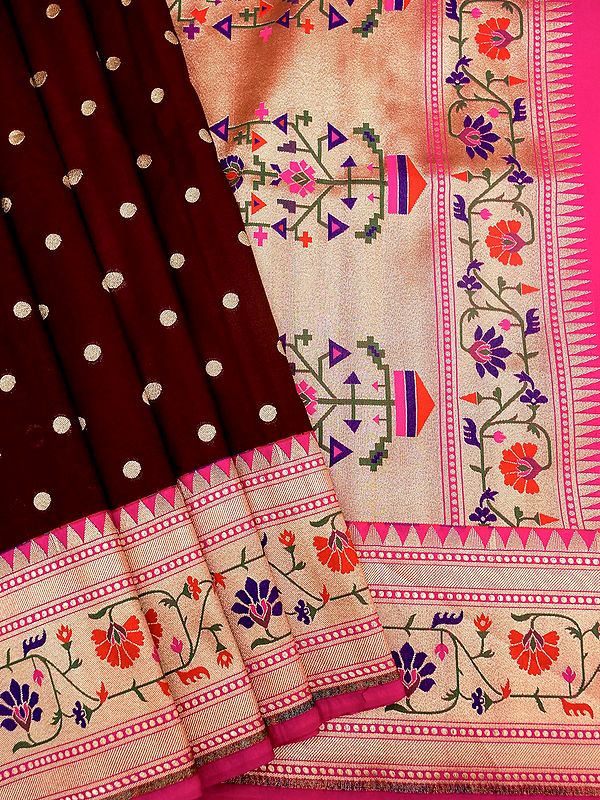 Rumba-Red Katan Silk Banarasi Saree With Chakaram Butta And Floral Pattern Pallu-Border