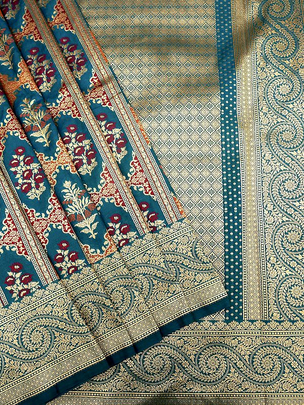 Mosaic-Blue Banarasi Patan Patola Katan Silk Saree With Gradation Pattern Border