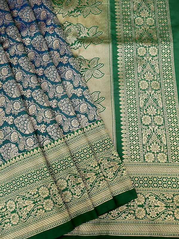 Blue-Moon Katan Silk Diagonal Floral Vine Pattern Banarasi Saree With Contrast Border