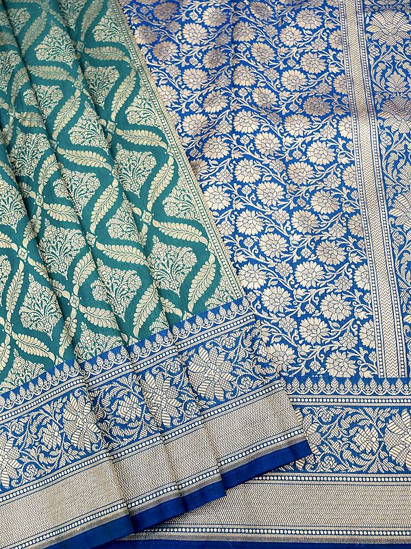 Bristol-Blue Banarasi Katan Silk Saree With Ogee Pattern And Contrast Border