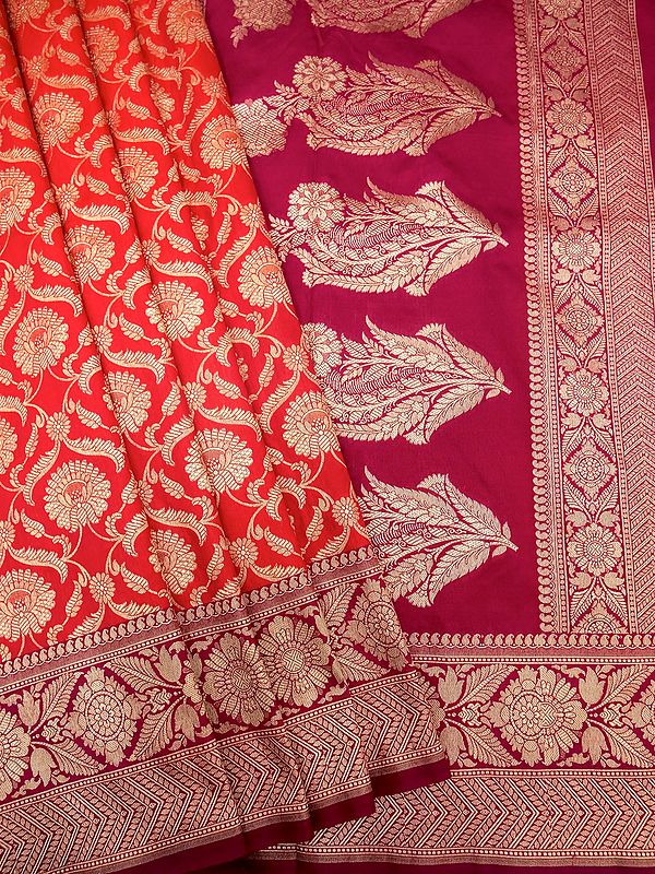 True-Red Banarasi Katan Silk Zari Work Saree With Floral Creepers Motif And Contrast Border