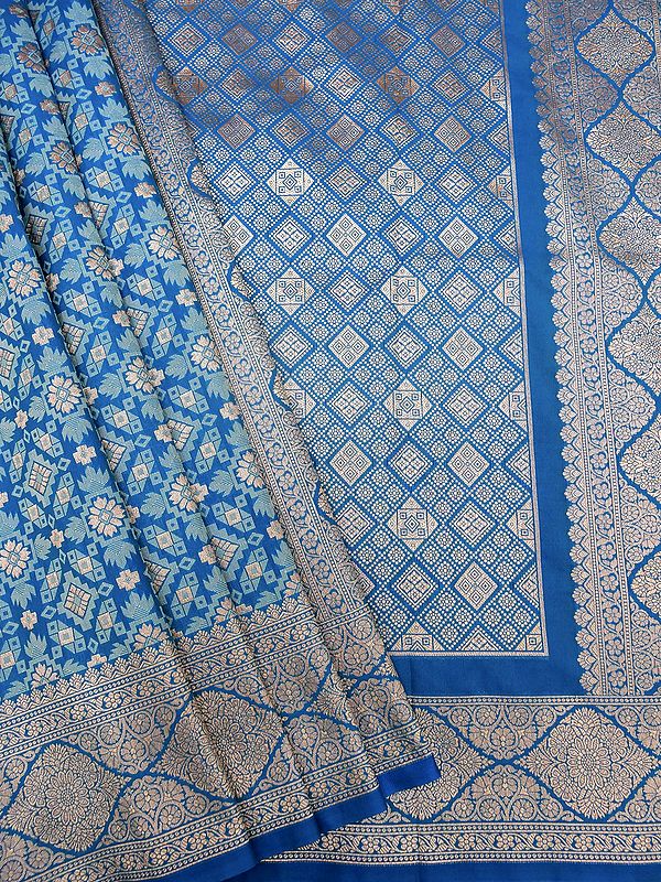 Mediterranian-Blue Banarasi Katan Silk Retro Pattern Saree With Diamond Pattern Pallu
