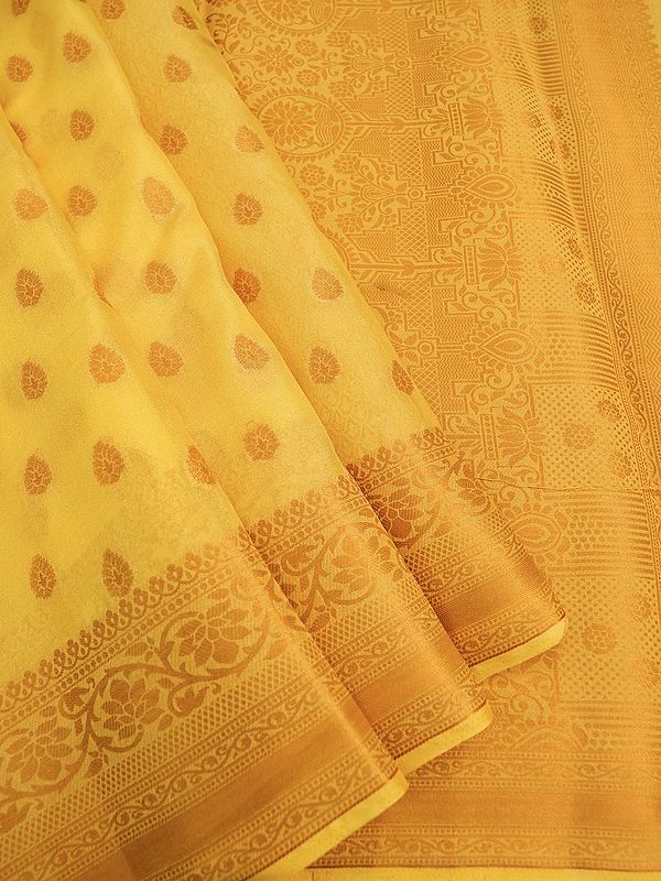 Vibrant-Yellow Banarasi Chiffon Saree With All-Over Phool Motif And Vine Pattern Border