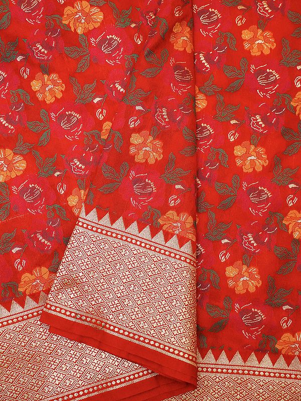 Red Kanni Silk Jatan Banarasi Saree With Meena Butta And Diamond Pattern Border
