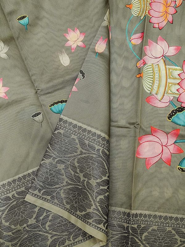 Moss-Gray Tussar Silk Digital Lotus Flower Print Banarasi Saree With Vine Pattern Border