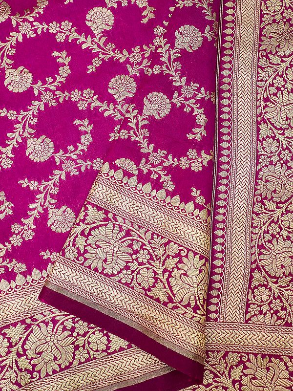 Raspberry-Rose Katan Silk Jaal Motif Banarasi Saree With Mughal Pattern Border