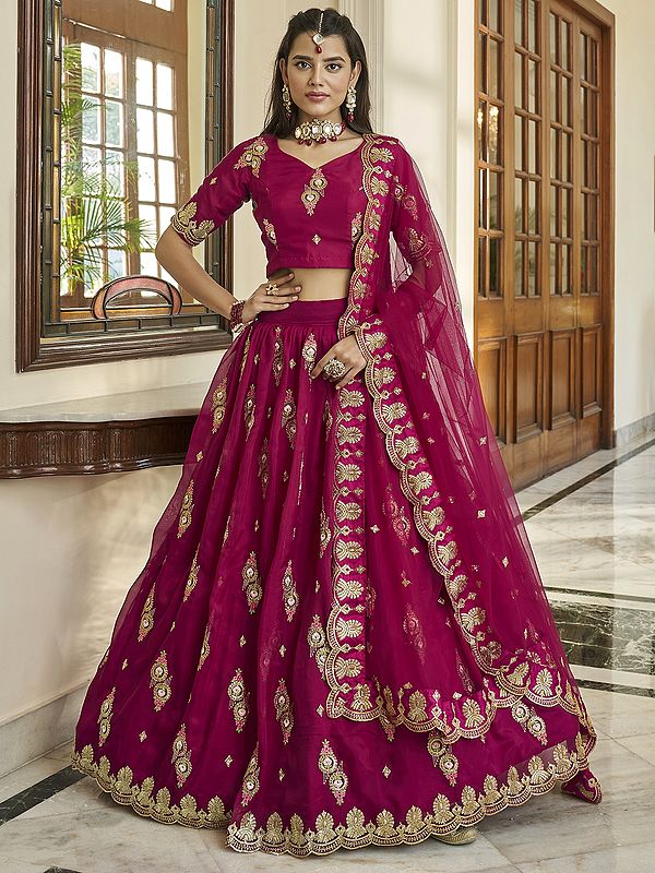 Cherry-Pink Premium Organza Lehenga Choli With Zari, Thread, Sequins Embroidery And Butterfly Net Scalloped Dupatta