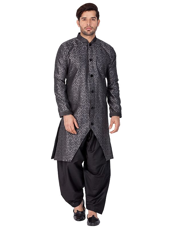 Dark-Gull-Gray Silk Blend Embroidered Floral Creepers Pattern Sherwani With Cowl Style Patiala Dhoti