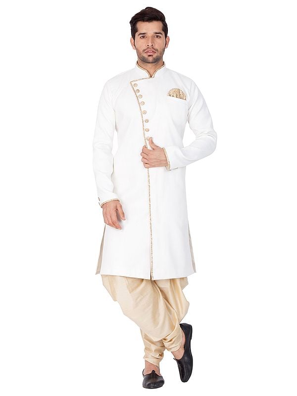 White Angrakha Style Sherwani With Golden Patiala Dhoti