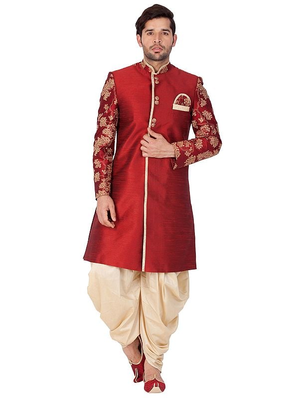 Mars-Red Silk Blend Indo-Western Style Embroidered Sherwani With Patiala Dhoti