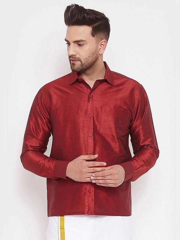 Equestrian-Red Silk Blend Ethnic South Indian Full Sleeves Shirt