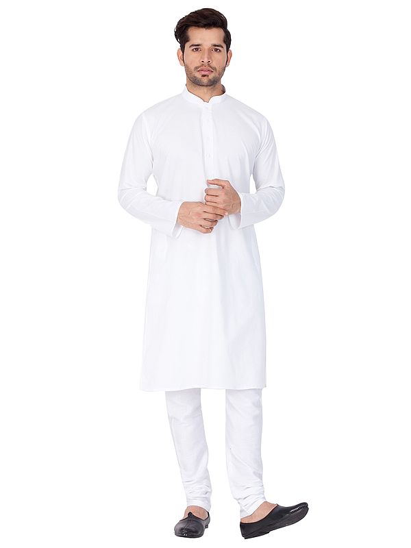 Brilliant-White Cotton Blend Plain Kurta With Churidar Pajama
