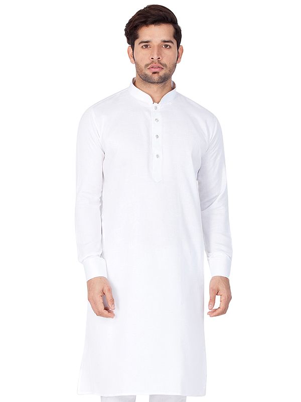 Bright-White Cotton Blend Buttoned Cuff Plain Men's Kurta With Churidar Pajama