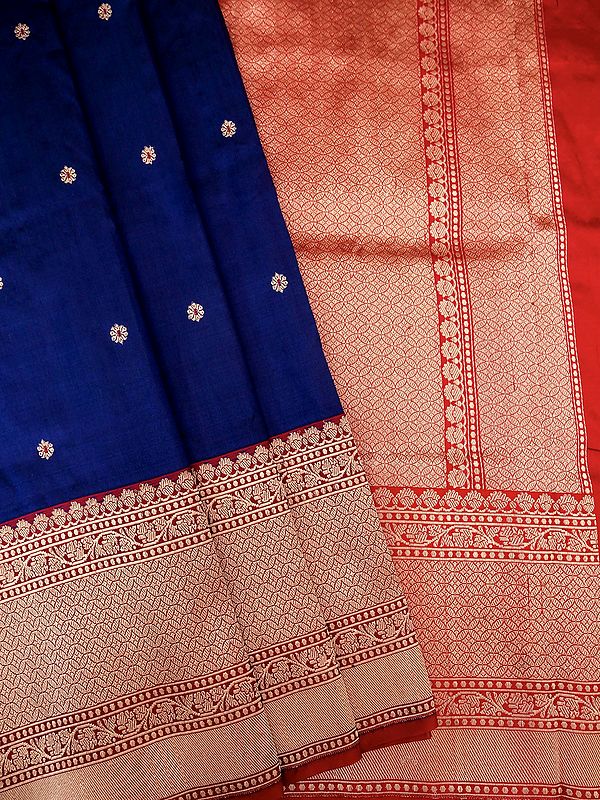 Navy-Blue Banarasi Pure Katan Silk Saree With Zari Bundi Motif On The Body And Contrast Broad Border