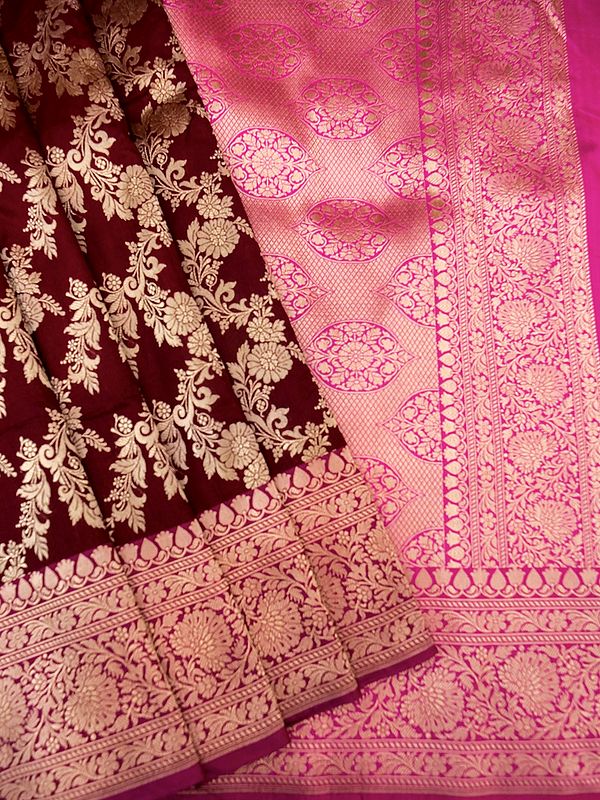 Red-Dahlia Brocaded Katan Silk Banarasi Saree With Zari-Woven Damask Floral Vine Pattern
