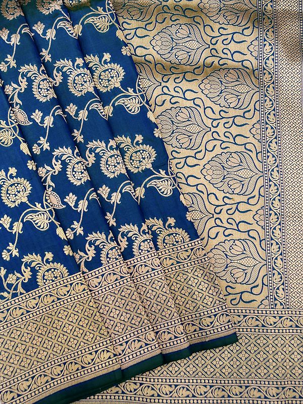 Imperial-Blue Pure Opera Silk Jaal Pattern Banarasi Saree And All-Over Zari Work