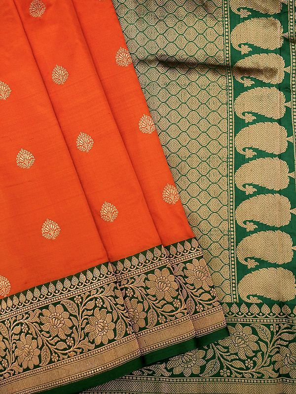 Vermillion-Orange Katan Silk Banarasi Saree With Floral Butti With Ogee Pattern Pallu