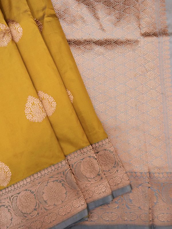 Golden-Yellow Pure Katan Silk  Banarasi Saree With Mughal Butta On Body And Phool Bail Pattern Pallu