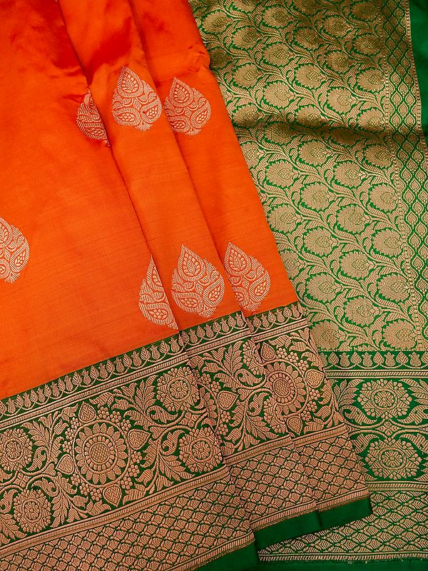 Pure Katan Silk Banarasi Saree With Mango Floral Butta With Jaal Pattern Pallu