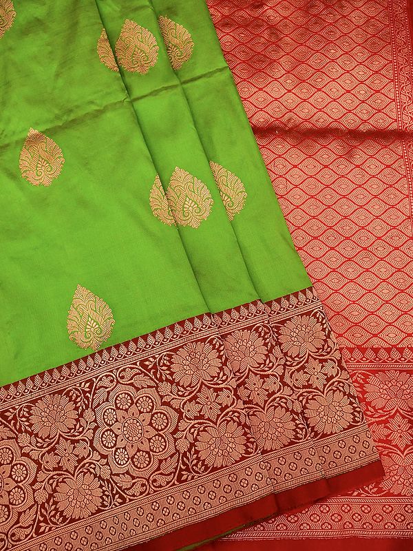 Jasmine-Green Pure Katan Silk Mughal Butti Banarasi Saree With Ogee Pattern Pallu