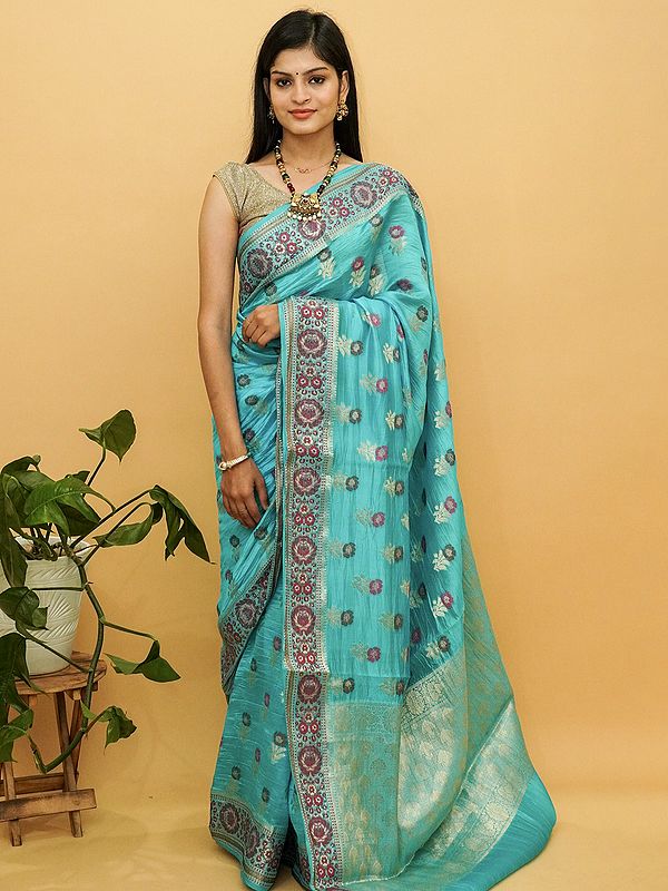 Pure Dupian Silk Banarasi Saree With Floral Butta And All-Over Meena Work