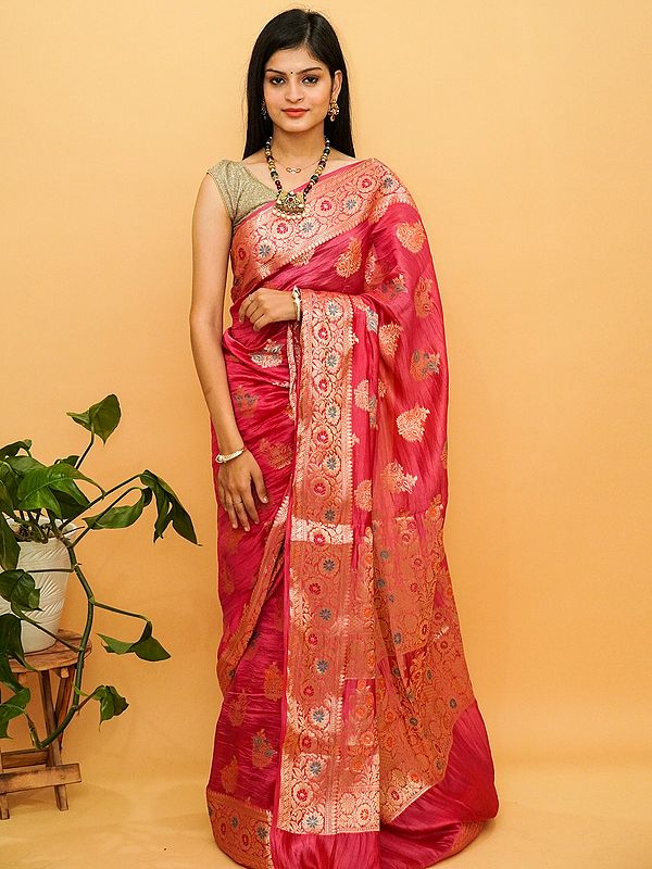 Rouge-Red Pure Dupian Silk Mughal Paisley Motif Banarasi Saree With Vine Pattern Border