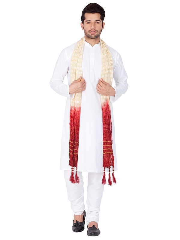White Pure Cotton Kurta and Churidar Pajama with Shaded Dye Crushed Dupatta
